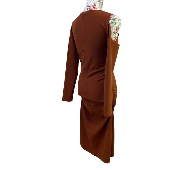 ZARA NWOT Cut Out Rushed Brown Dress Long Sleeve Medium - Picture 5 of 6
